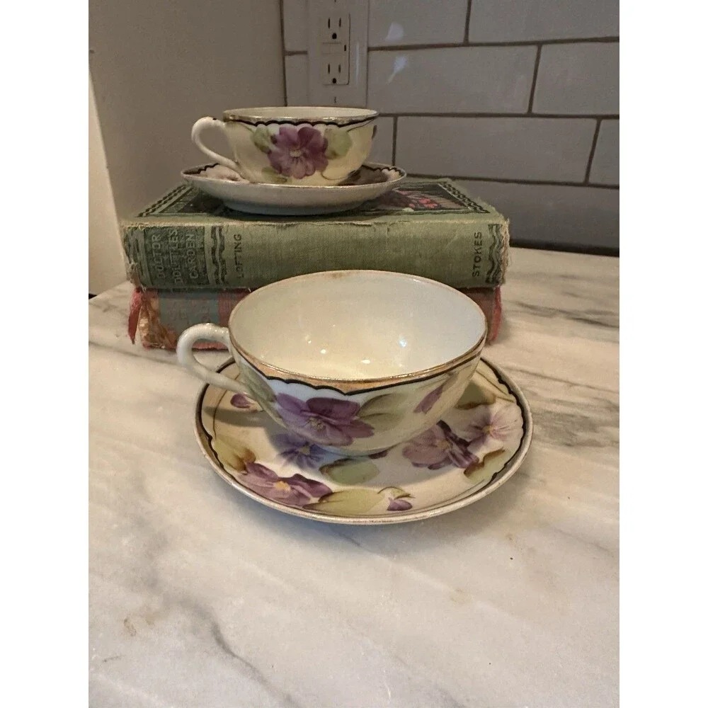 Vtg Nippon Porcelain 2 Tea Cups & Saucer Set Purple Violet Floral with Gold Trim